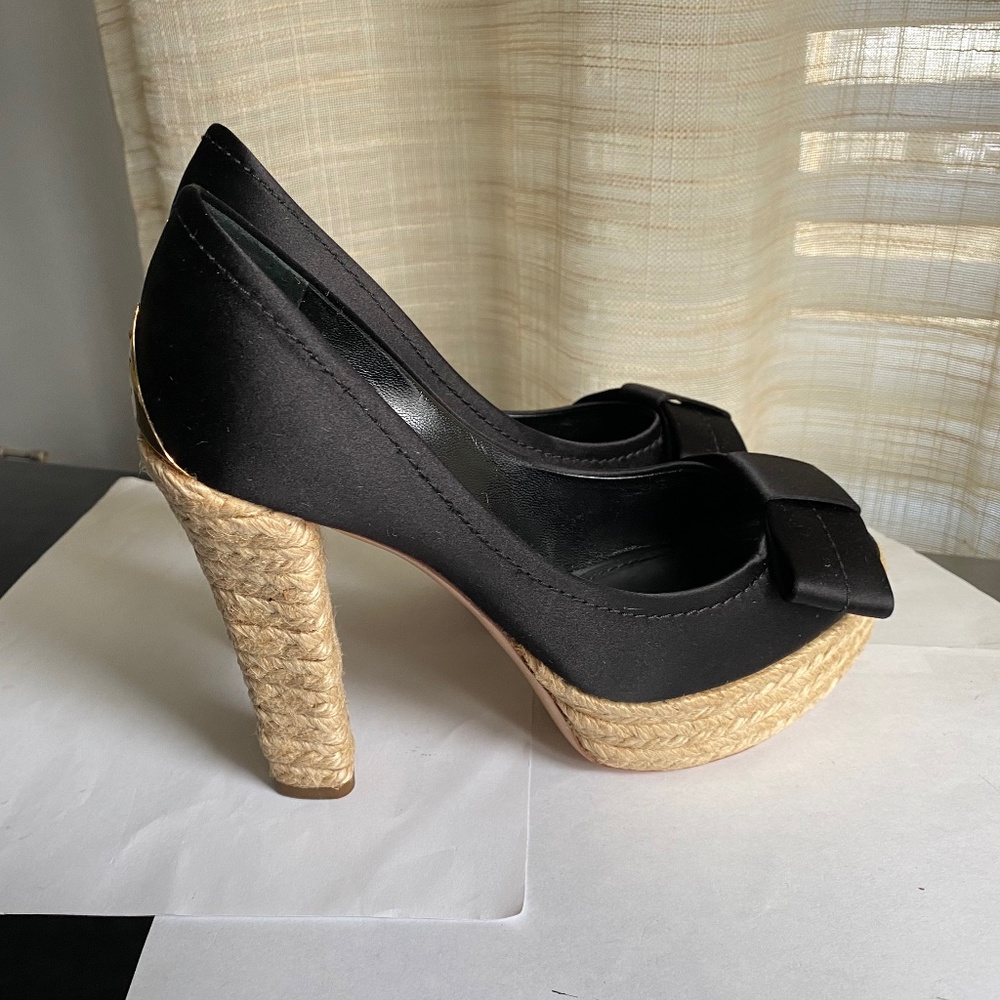 Louis Vuitton satin black espadrille clogs heels pumps platforms 36 Rivoli bow - Picture 7 of 12